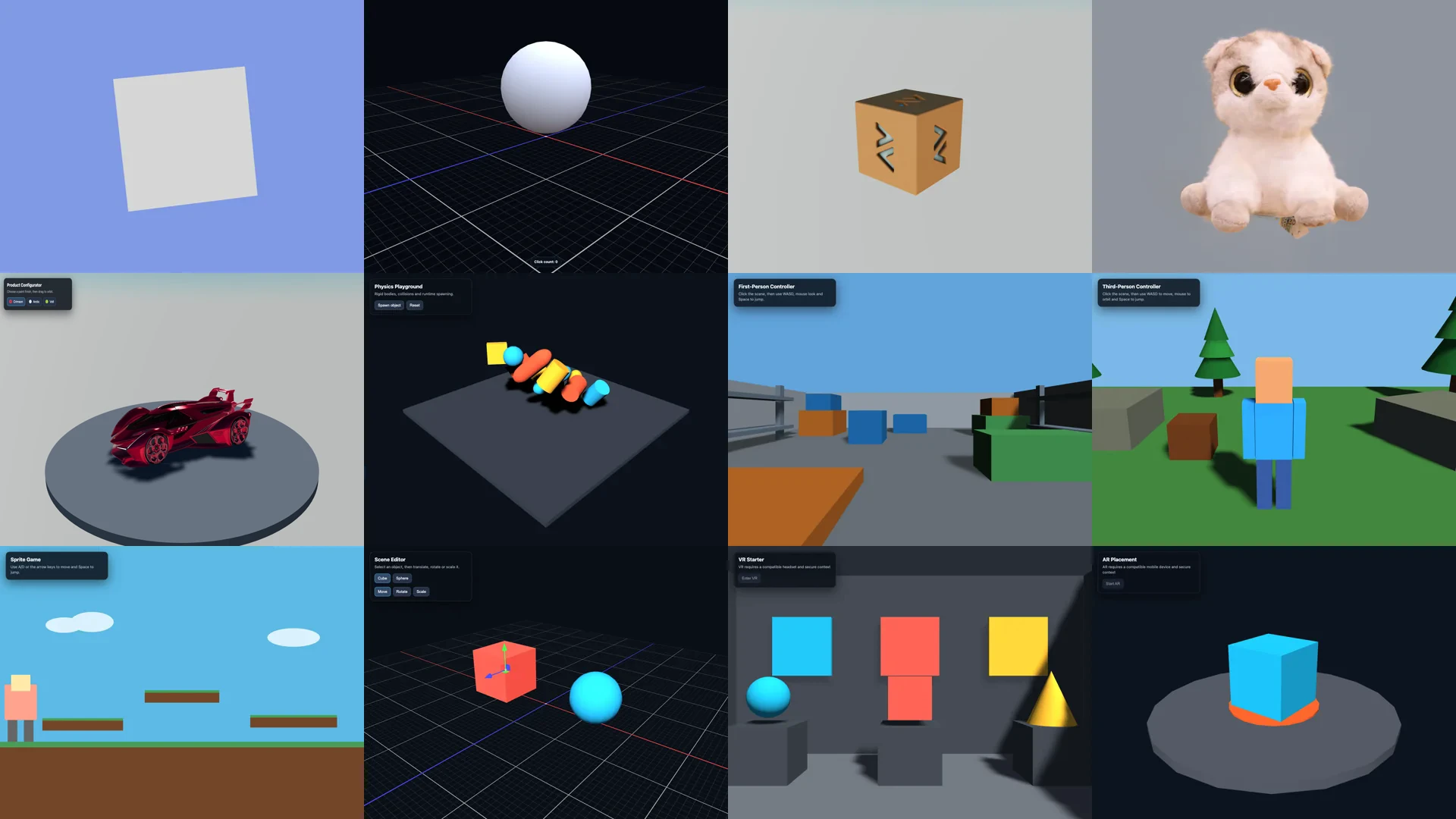 The twelve PlayCanvas starter scenes