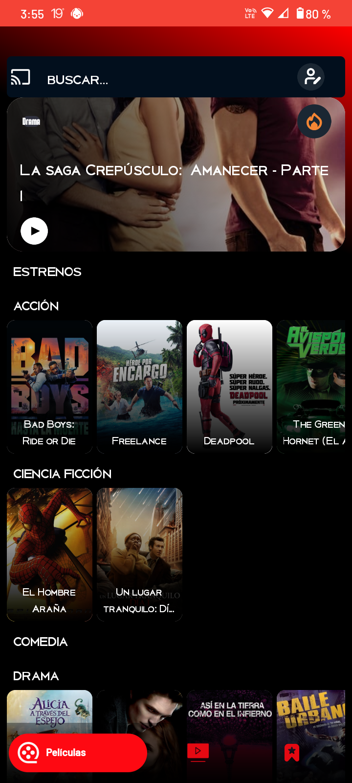 Interfaz de la app Play+ mostrando una selección de películas populares