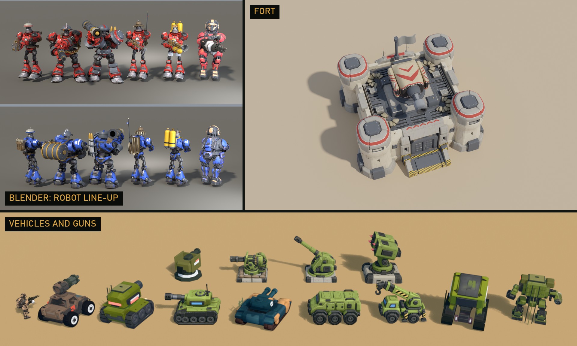 Blender renders of the robot line-up, the fort, and the vehicles and guns