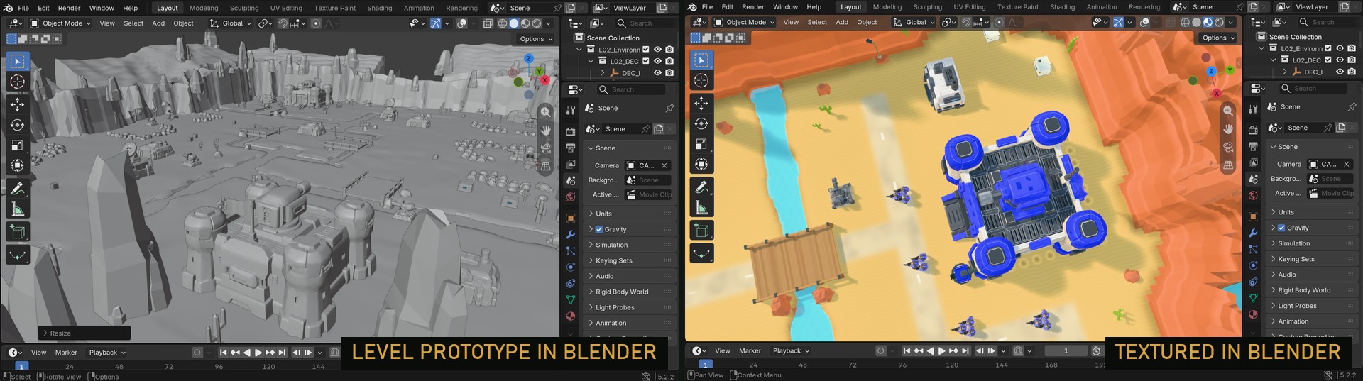 Desert level in Blender: the grey level prototype and the textured scene