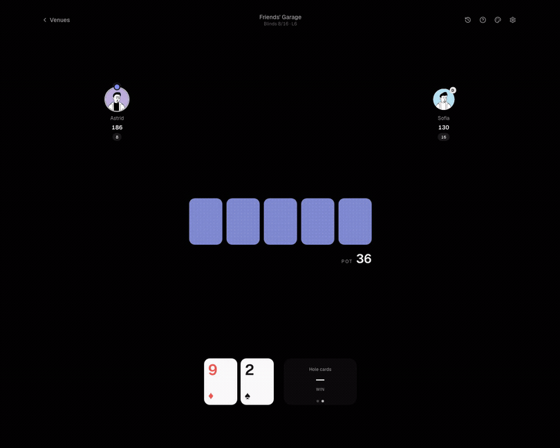 A hand of Pip: flopping a full house, the win-% climbing, betting three streets, and taking the pot at showdown