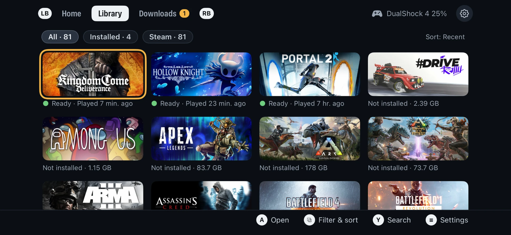 Playport's Library: All, Installed and Steam filters over Steam games, installed and not