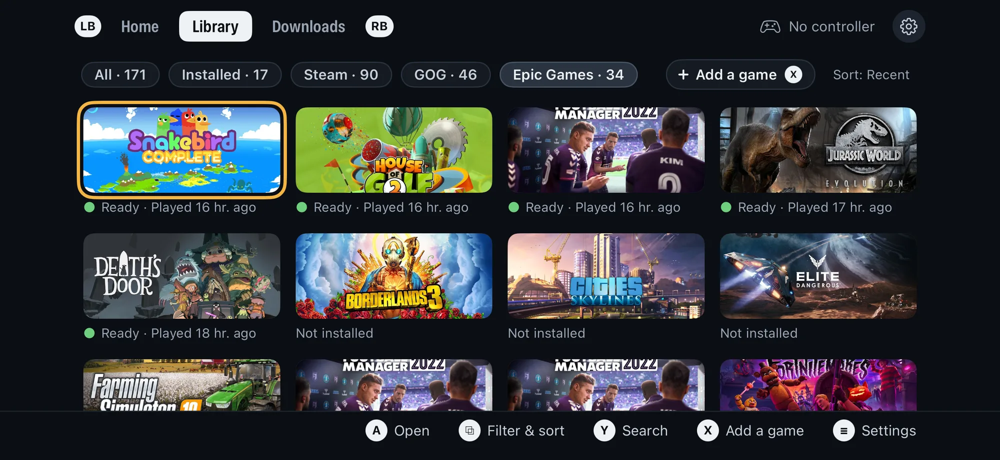 Playport's Library with the Epic Games filter: Snakebird Complete, House of Golf 2, Football Manager 2022 and Death's Door ready to play, more Epic games not installed