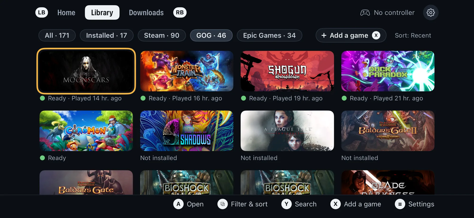 Playport's Library with the GOG filter: Moonscars, Monster Train, Shogun Showdown and Duck Paradox ready to play, more GOG games not installed