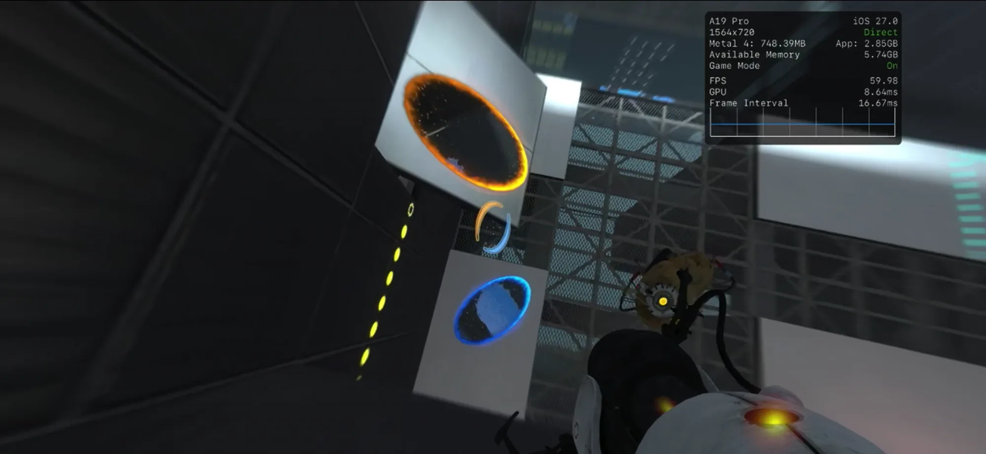 Portal 2 running on an iPhone in Playport: an orange and a blue portal in a test chamber, with Metal's HUD showing 59.98 fps at 1564 by 720. Click to watch the recording on playport.dev