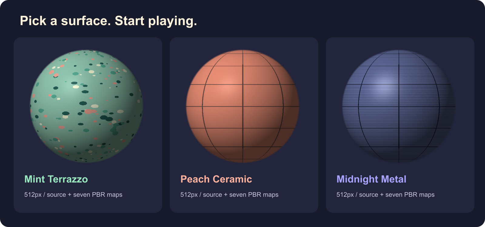 ภาพประกอบจาก PLAYTEX AI แสดงพื้นผิวตัวอย่างสามแบบบนทรงกลม ได้แก่ Mint Terrazzo, Peach Ceramic และ Midnight Metal