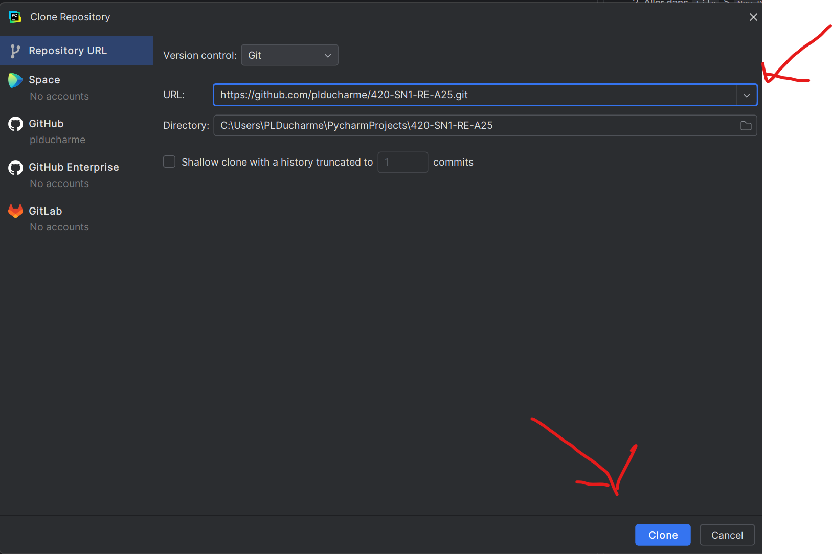 Coller l'URL dans PyCharm