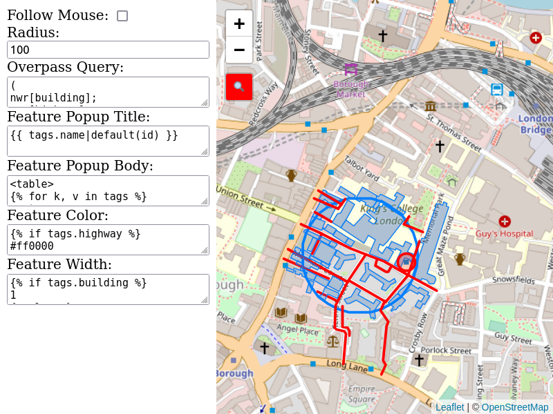 Screenshot of the demo application, showing the configuration on the left side. On the right side a map with buildings and roads intersecting the selected lens.