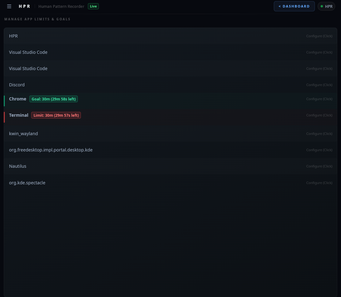 HPR App Limits and Goals