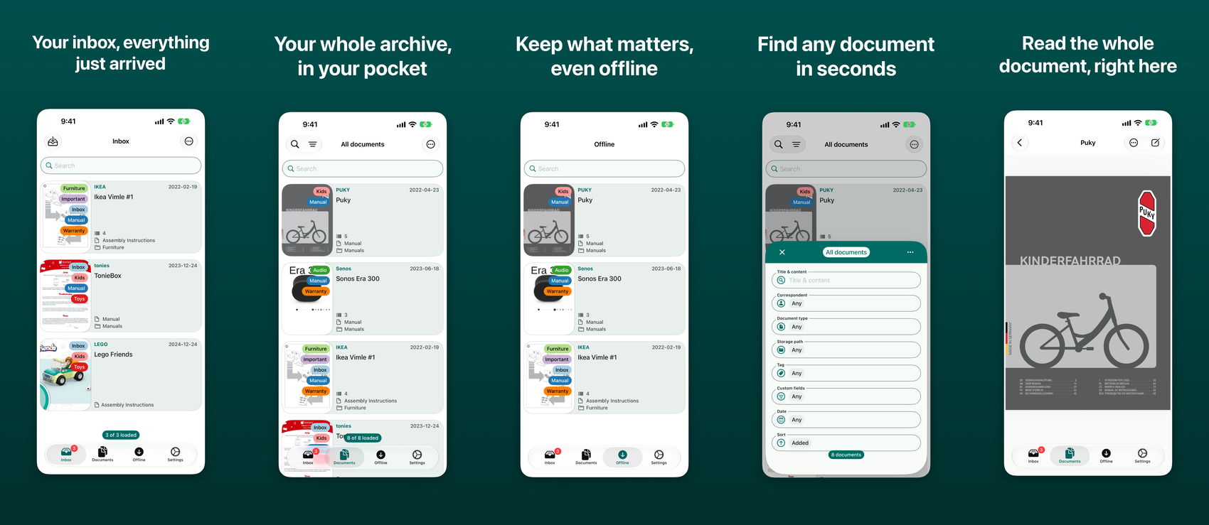 The inbox, the document list, offline documents, the search filters, and a document open for reading