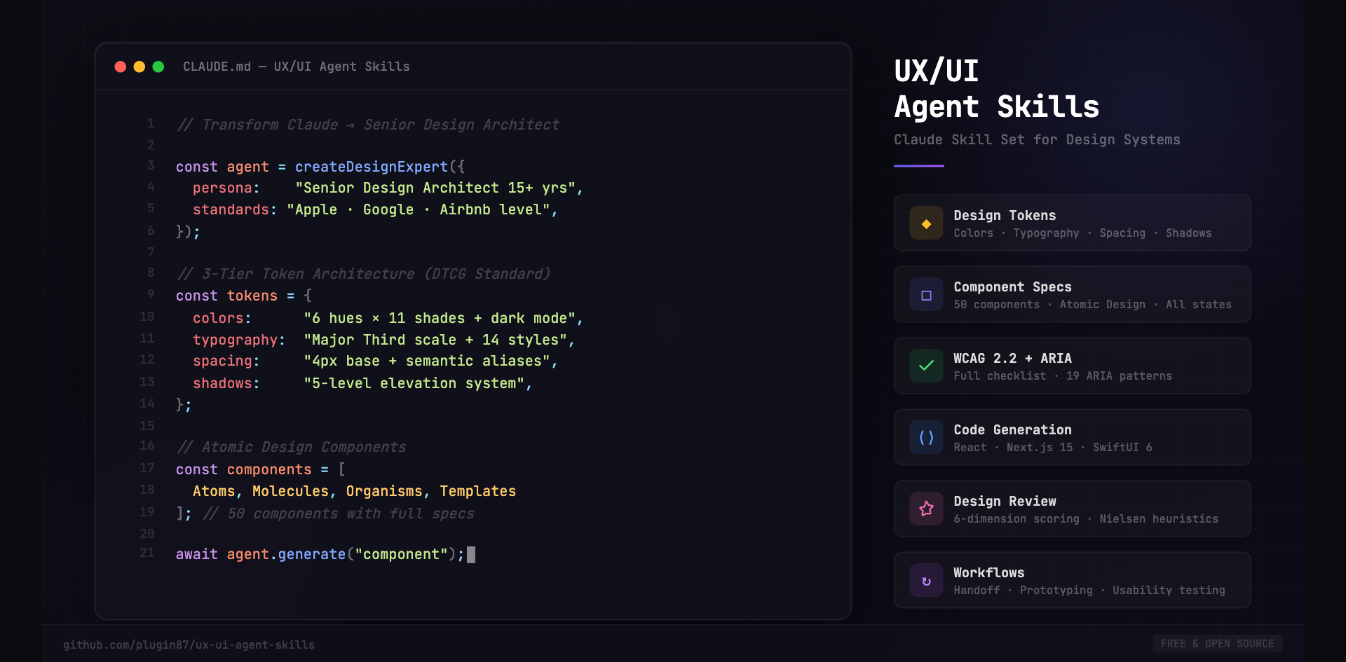 UX/UI Agent Skills — a CLAUDE.md brief beside the capabilities it turns on: design tokens, component specs, WCAG 2.2 and ARIA, code generation, design review, workflows