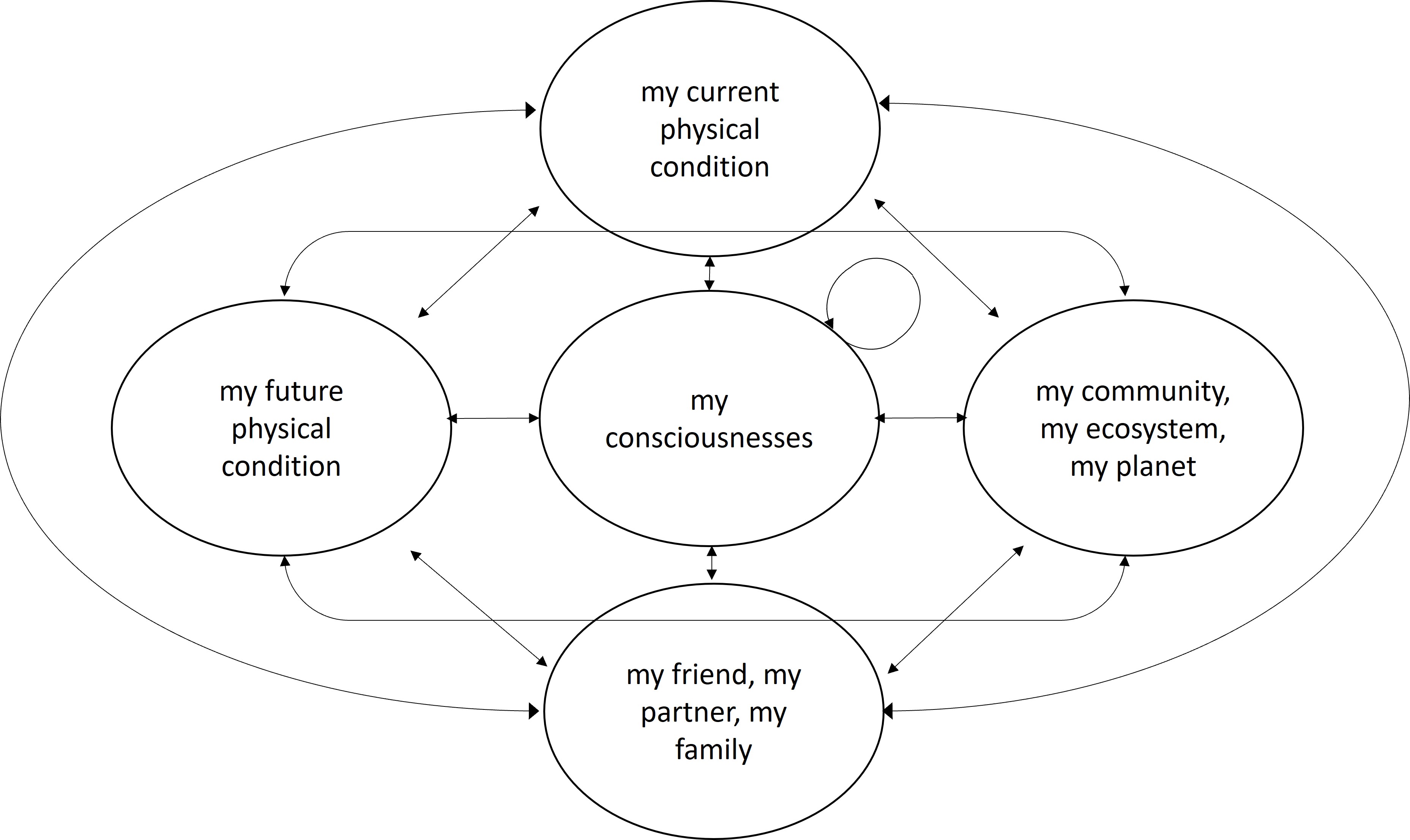 Diagram dislpaying the interconnected aspects of health; bubbles, each with arrows connecting them read: 'my consciousness', 'my current physical condition', 'my community, my ecosystem, my planet','my friend, my partner, my family', 'my future physical condition' 