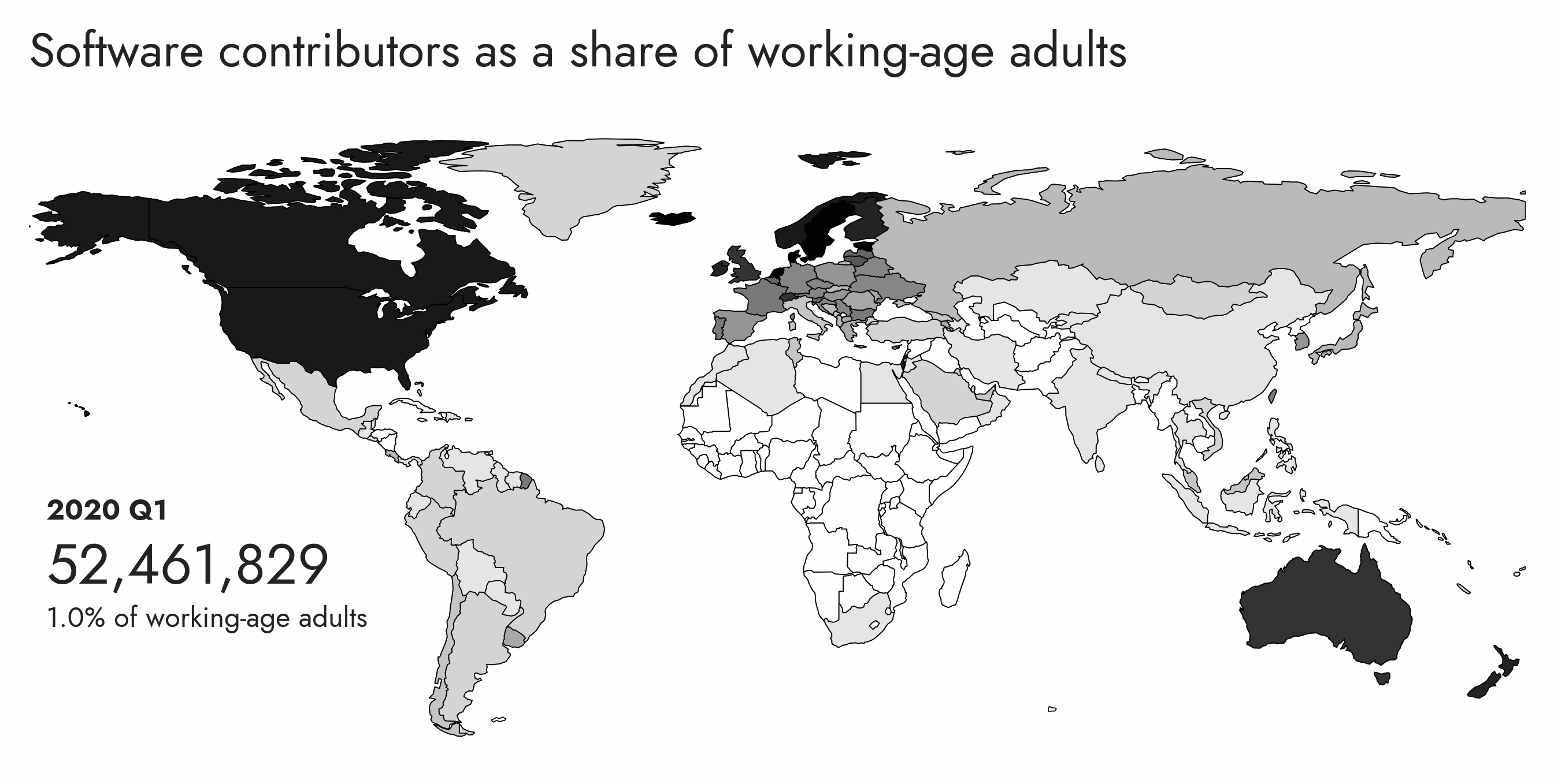 Gif showing the share of working age population that are contributors to open source software overtime by countries of the work over the last few years.  Share rises from about 1 to 2% in most countries and concentrates in North America, Europe, Oceania and East Asia, especially Taiwan. 
 