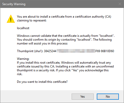 Visual Studio SSL Certificate Installation Warning
