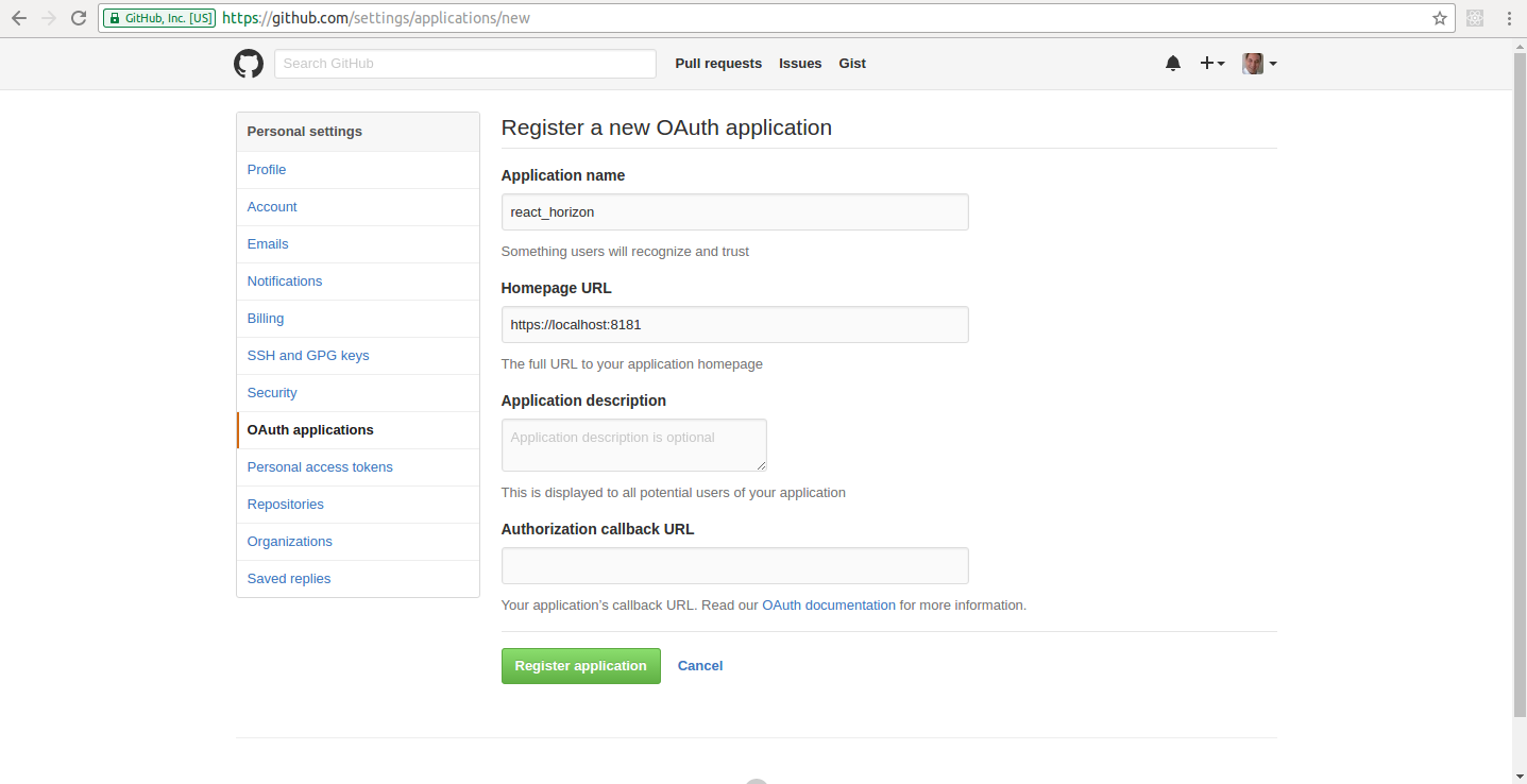 Registering a new OAuth application on Github