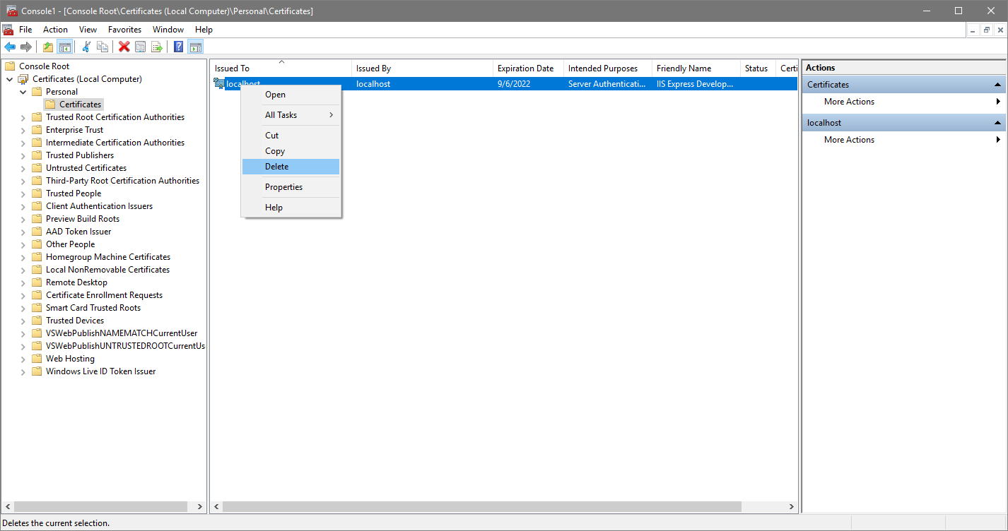 MMC Delete Local Computer Personal Certificates