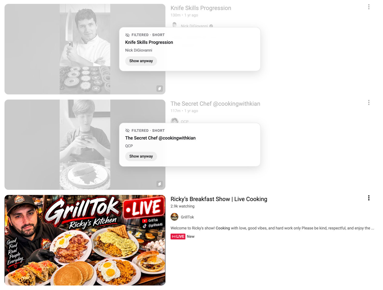YouTube search: Shorts collapsed, a cooking video kept