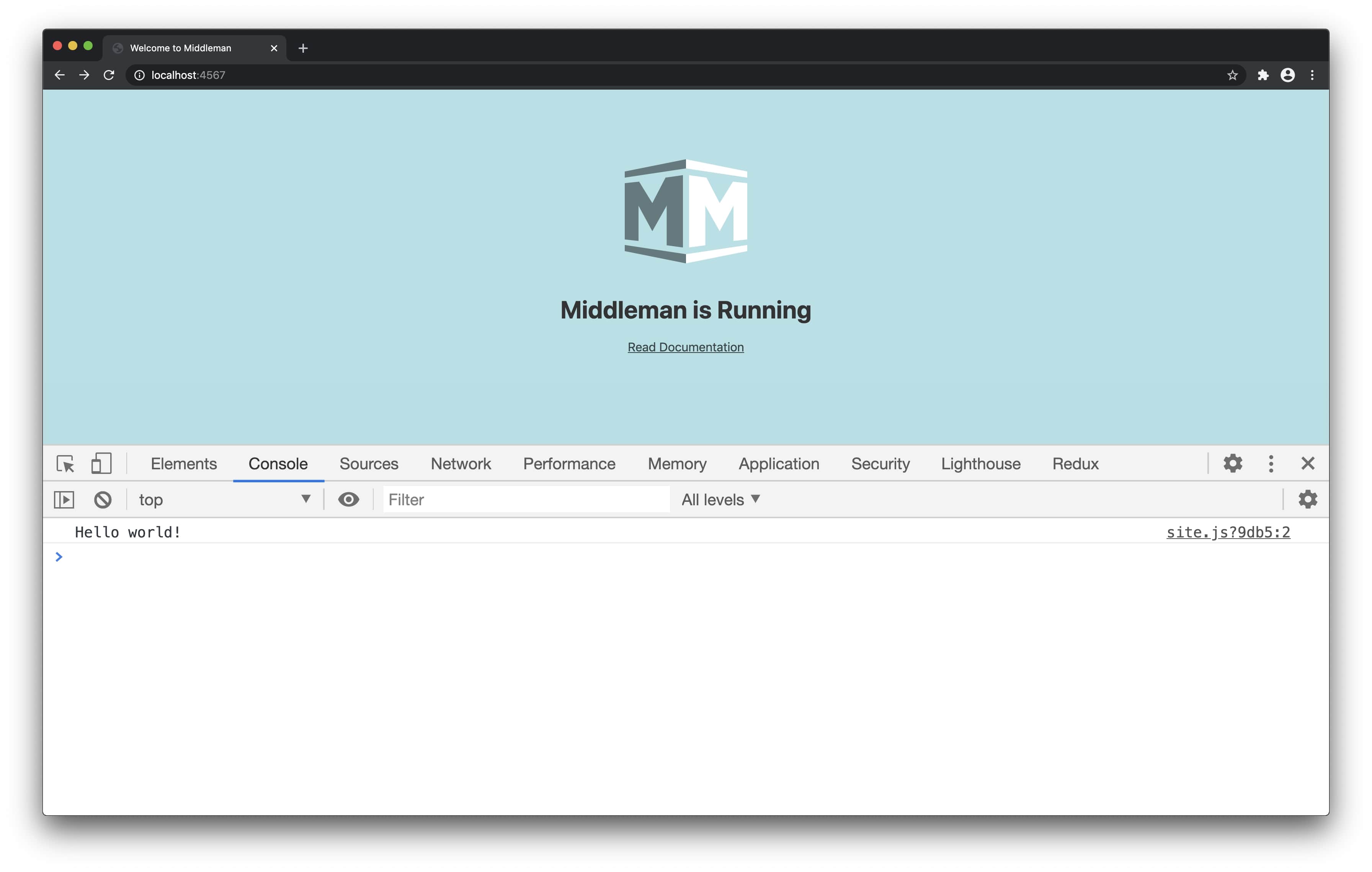 Screenshot of a Middleman app running in a browser at http://localhost:4567/ with dev tools open