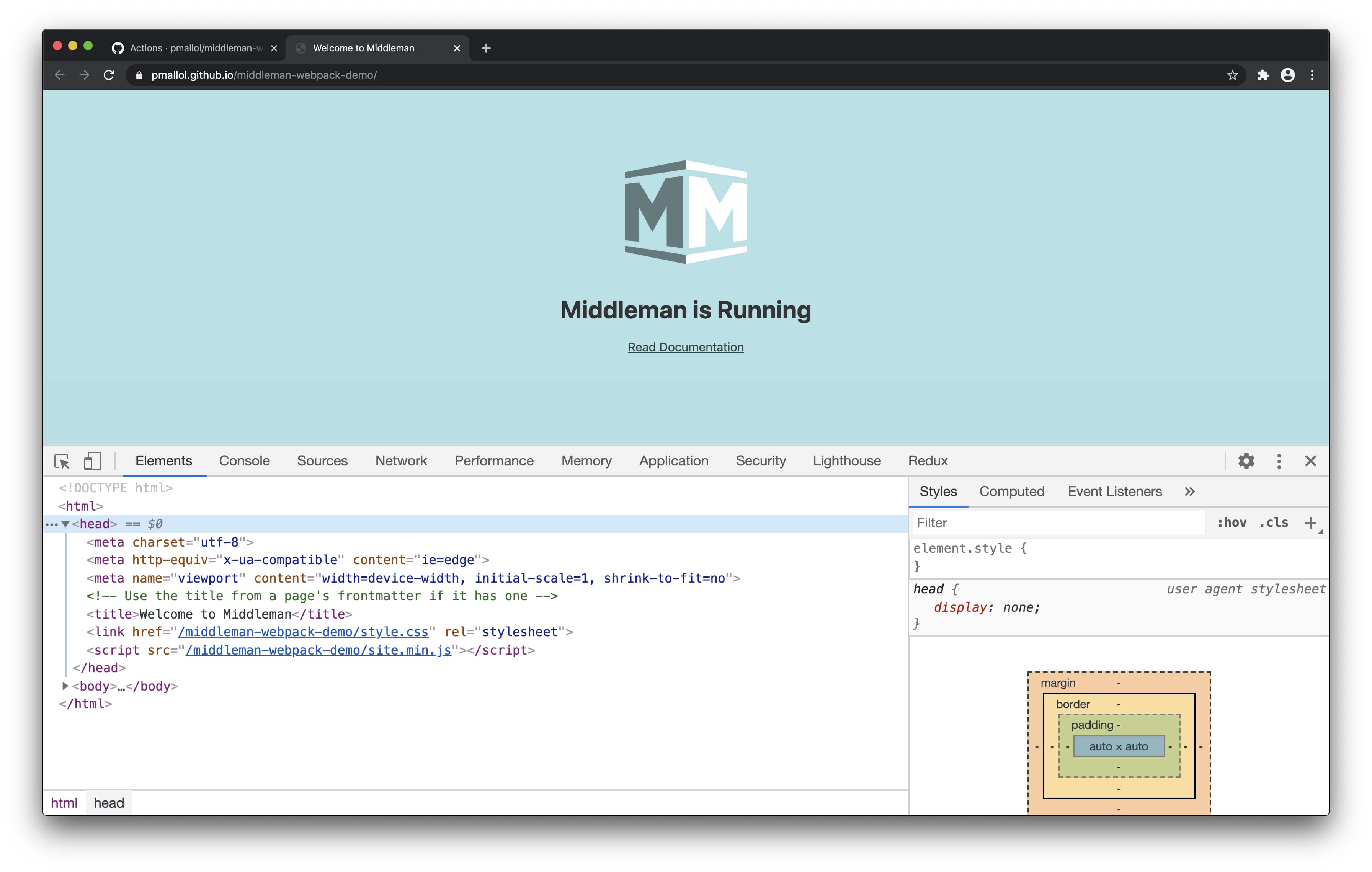 Screenshot of Middleman app in GitHub Pages with dev tools open inspecting the head tag of the HTML