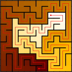 Image of an ortho maze with color coded distances and longest path