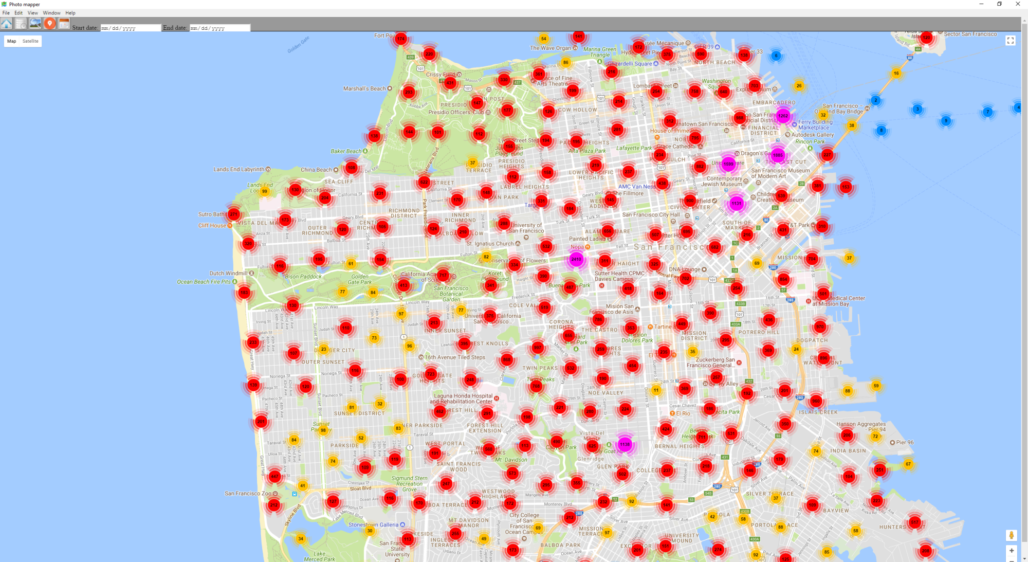 Map view, showing clustering of photos Map view, showing clustering of photos