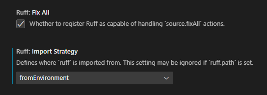 'Ruff: Fix All' enabled and 'Ruff: Import Strategy' fromEnvironment selected.