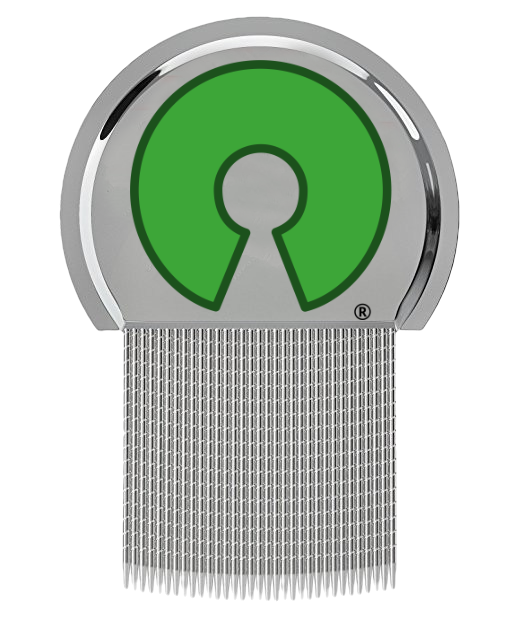 lice-comb logo: a fine-toothed metal comb for removing headlice emblazoned with the OSI keyhole logo