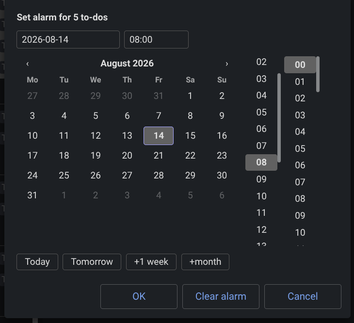 The alarm picker: ISO date, 24-hour time, a Monday-first calendar, and quick shortcuts