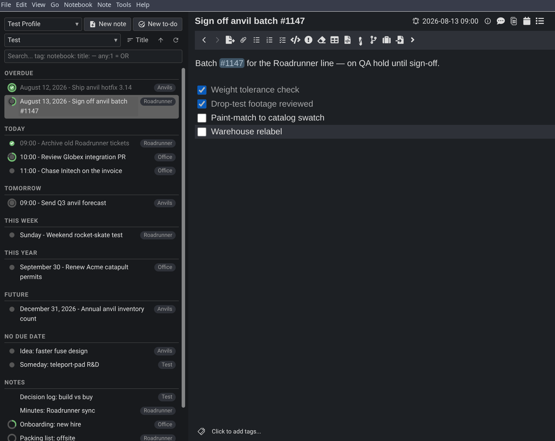 The Cockpit panel on desktop: every to-do and note grouped by due date, with a progress ring on each row