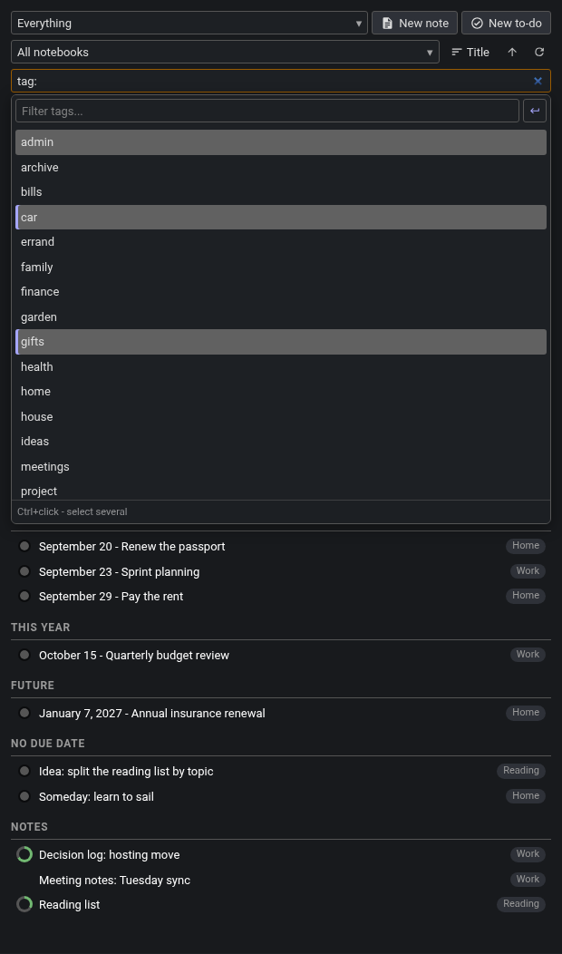 The tag: autocomplete list open in the search field