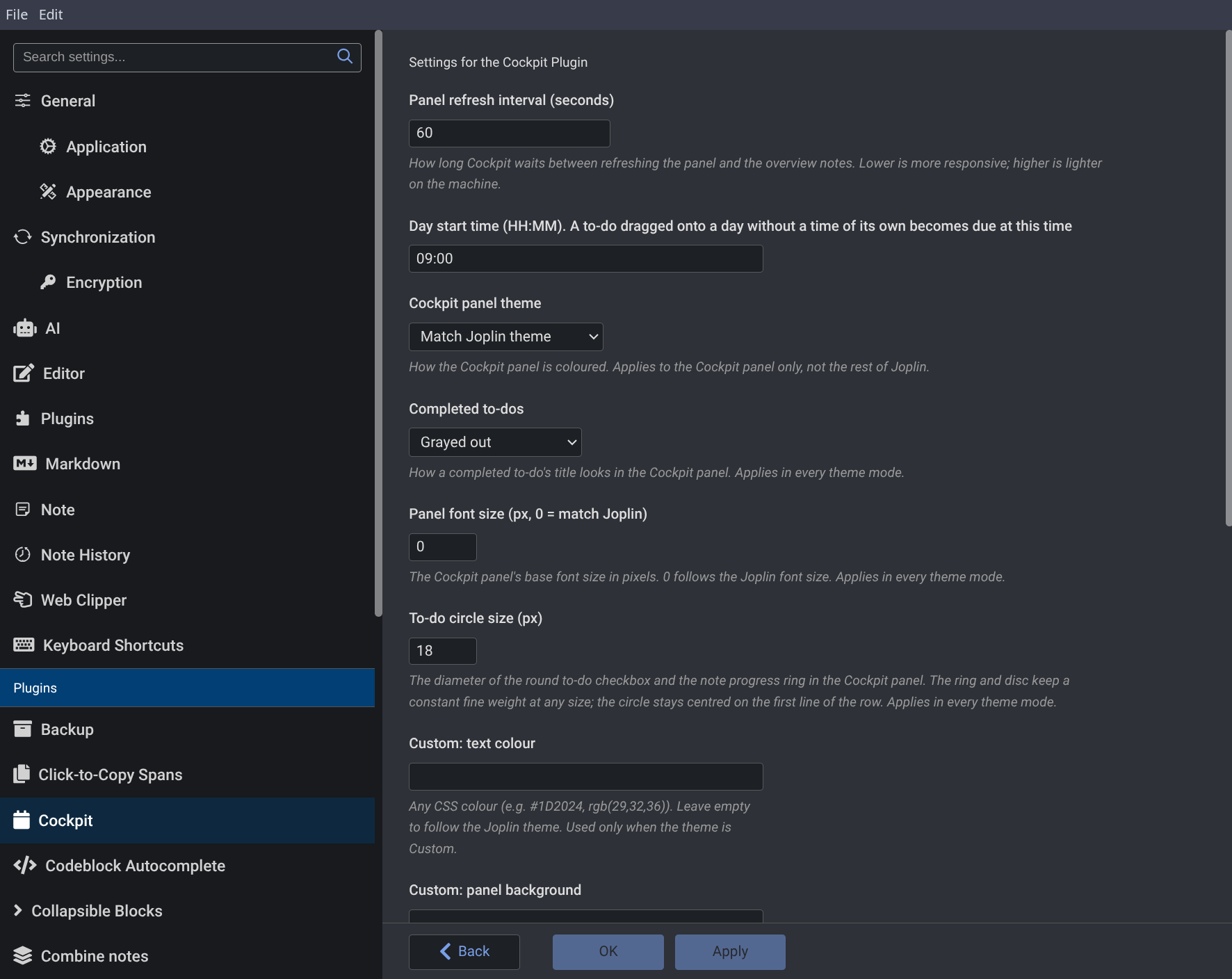 Theme presets and custom colours, with adjustable font and circle size