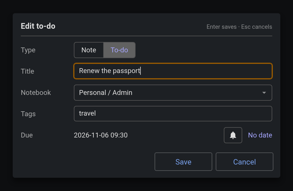 Edit with Jot… changes an existing to-do's title, type, notebook, tags and due date without opening it