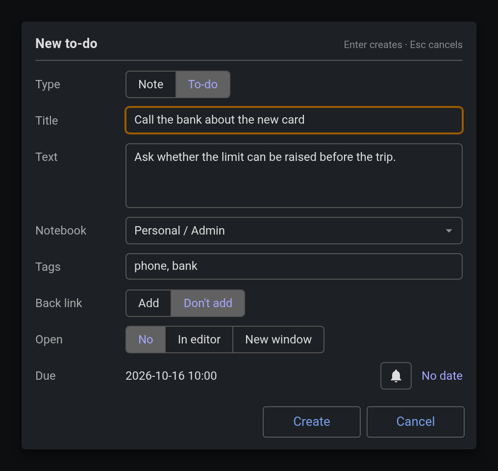 The form for a new to-do: title, text, notebook, tags and a due date, opened by the shortcut over the note you are in