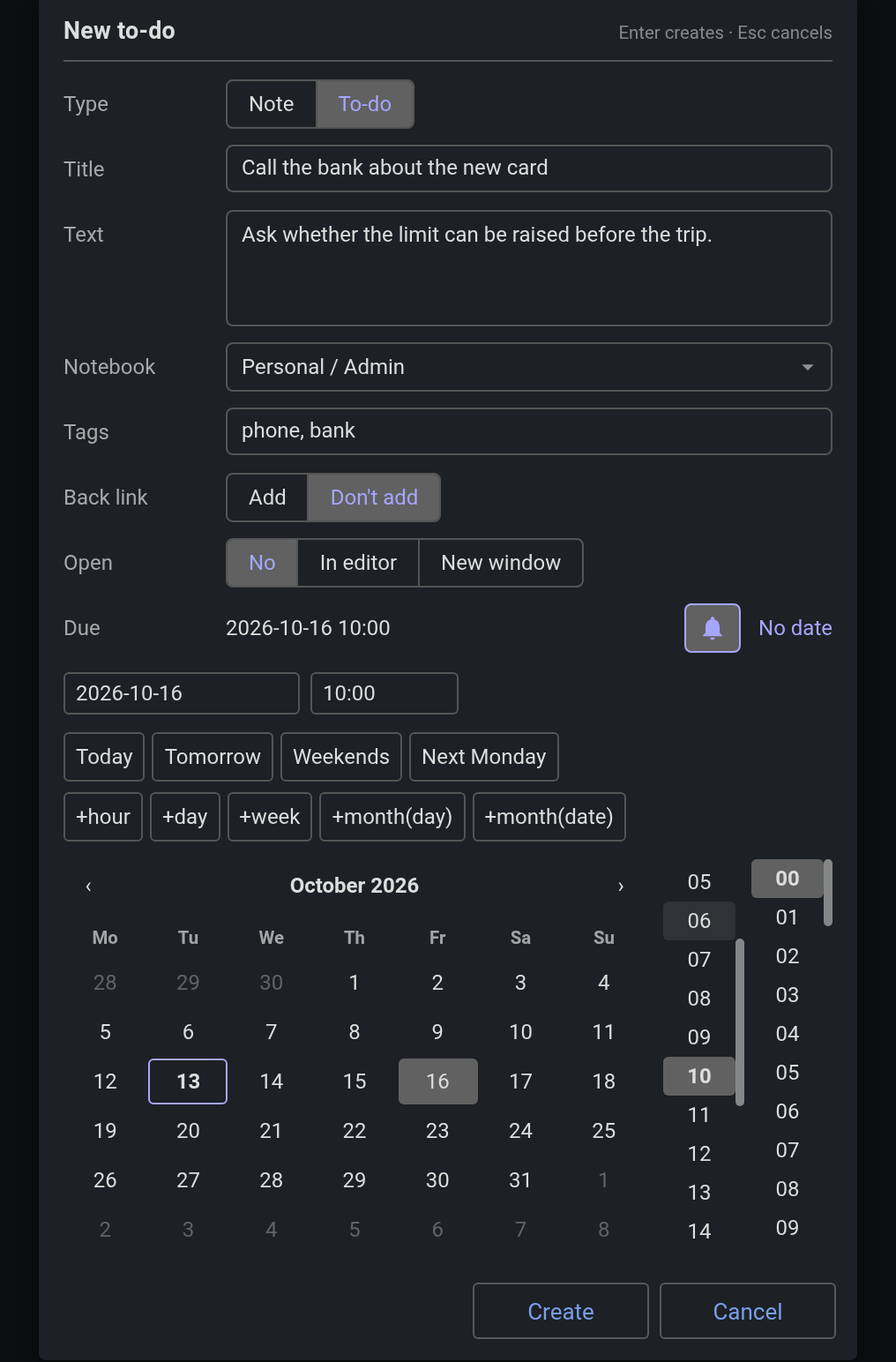The date picker unfolded under the Due row, with its calendar, time columns and quick buttons