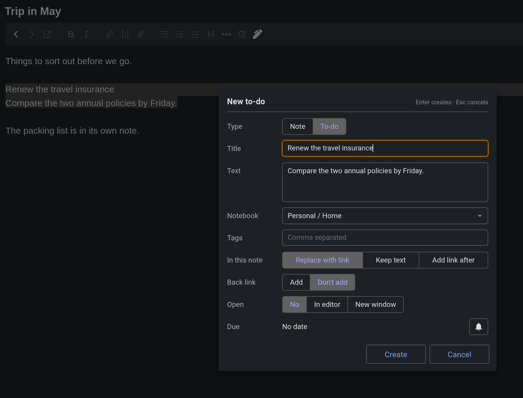 Two highlighted lines become the title and text of a new to-do, with the choice of what happens to them in the note