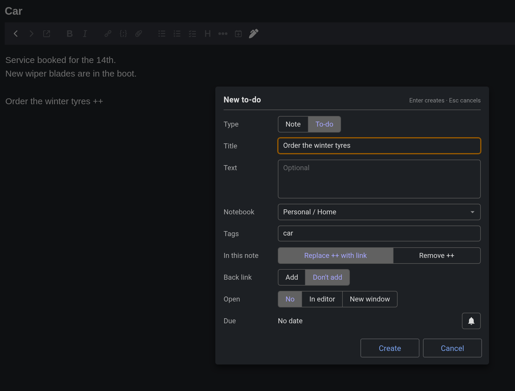 Typing ++ in the Markdown editor opens the form, and the ++ becomes a link to the new note or is removed
