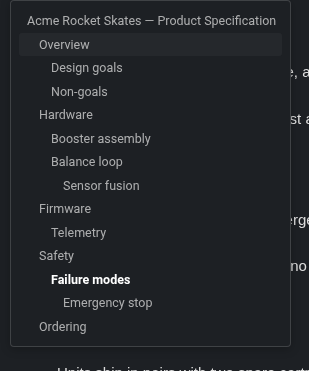 The hover-expanded table of contents