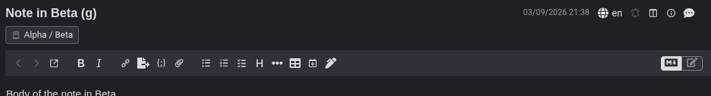 The notebook chip on its own row below the note title, aligned with the title text and the editor toolbar