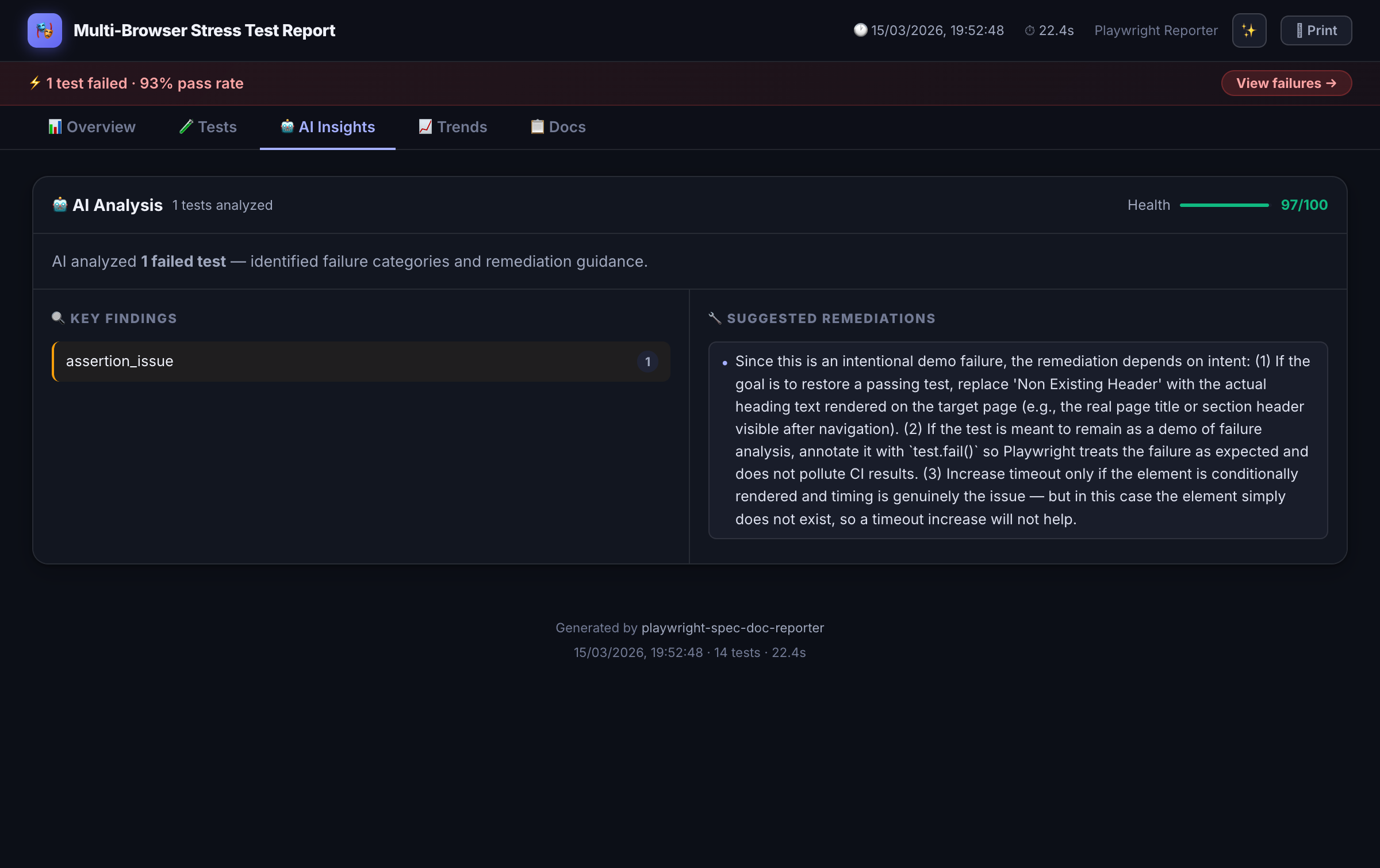 AI insights tab with structured failure analysis