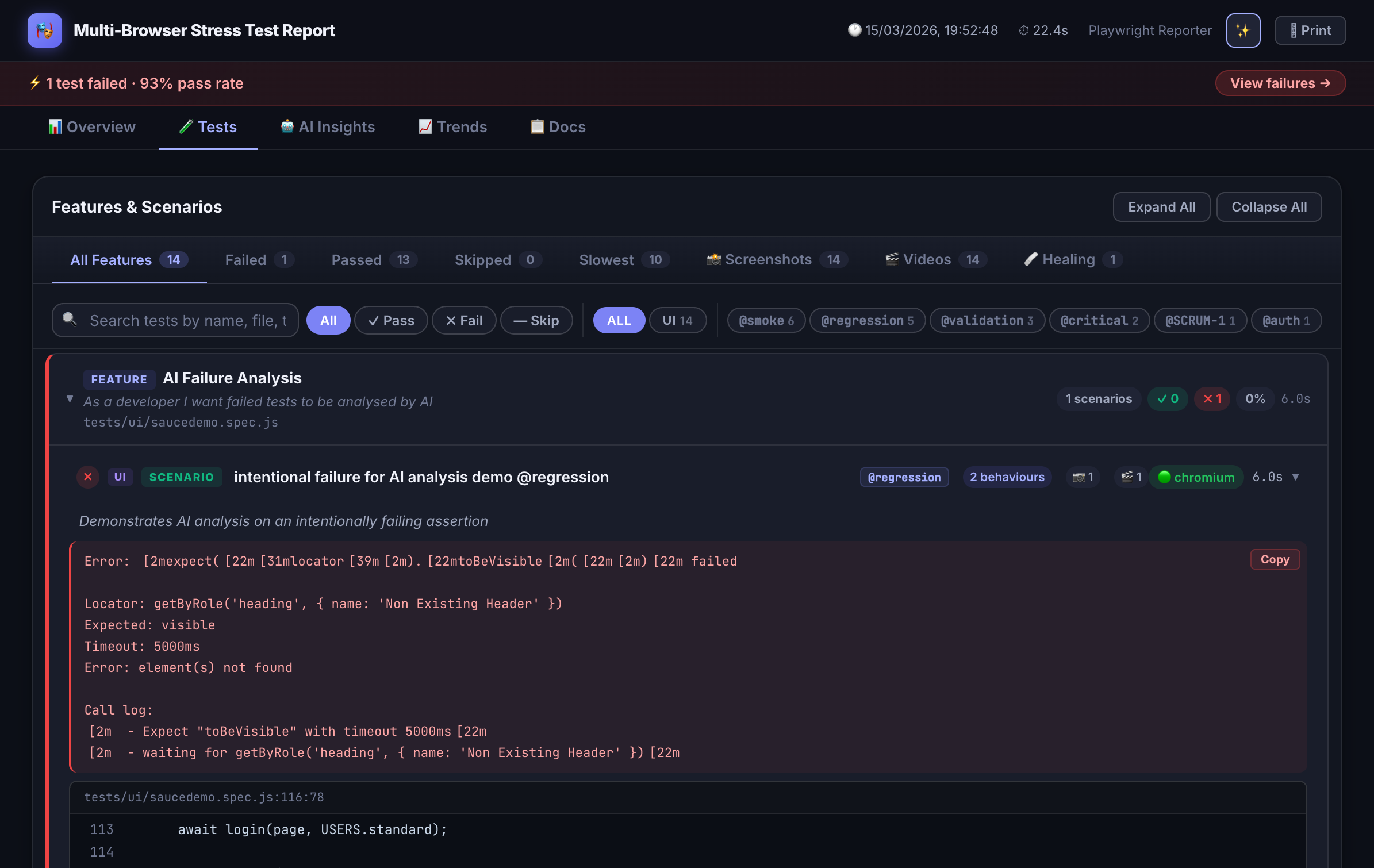 Tests tab with individual test results and failure drill-down