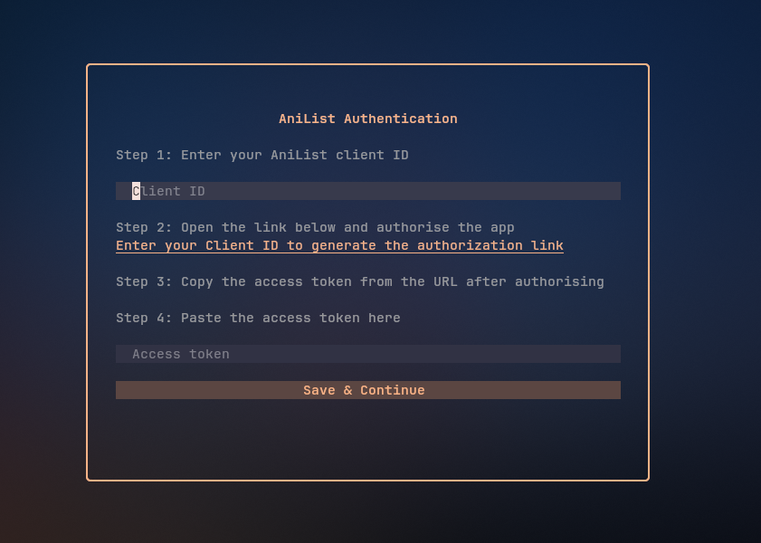AniList-TUI Auth Screen