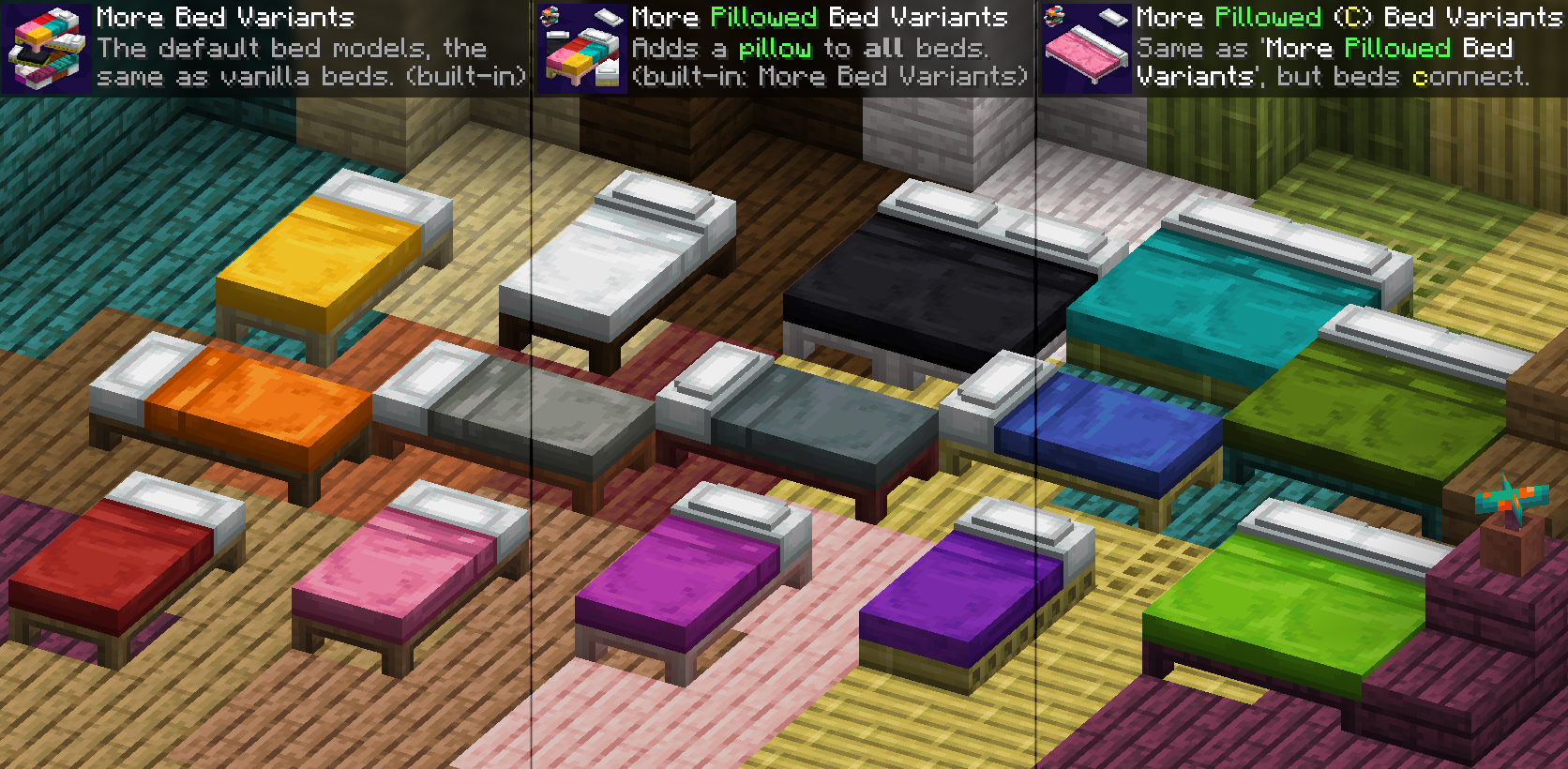 Presentation of beds on a bed of planks - side-by-side different included resource packs