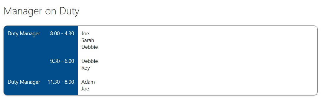 Staff Rota Shifts with CSS Table preview