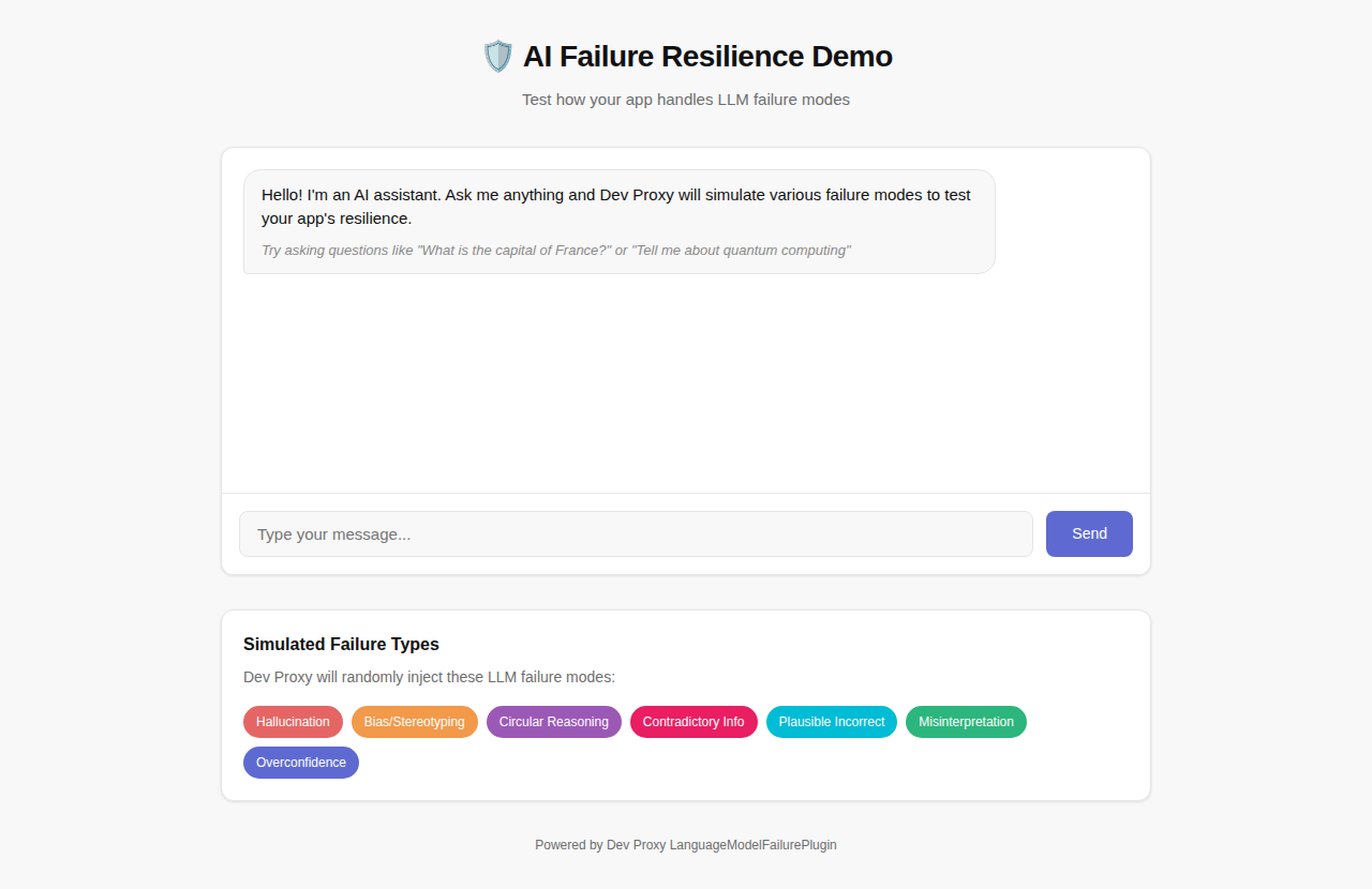 Screenshot of the AI Failure Resilience demo app showing a chat interface with Dev Proxy simulating LLM failure modes