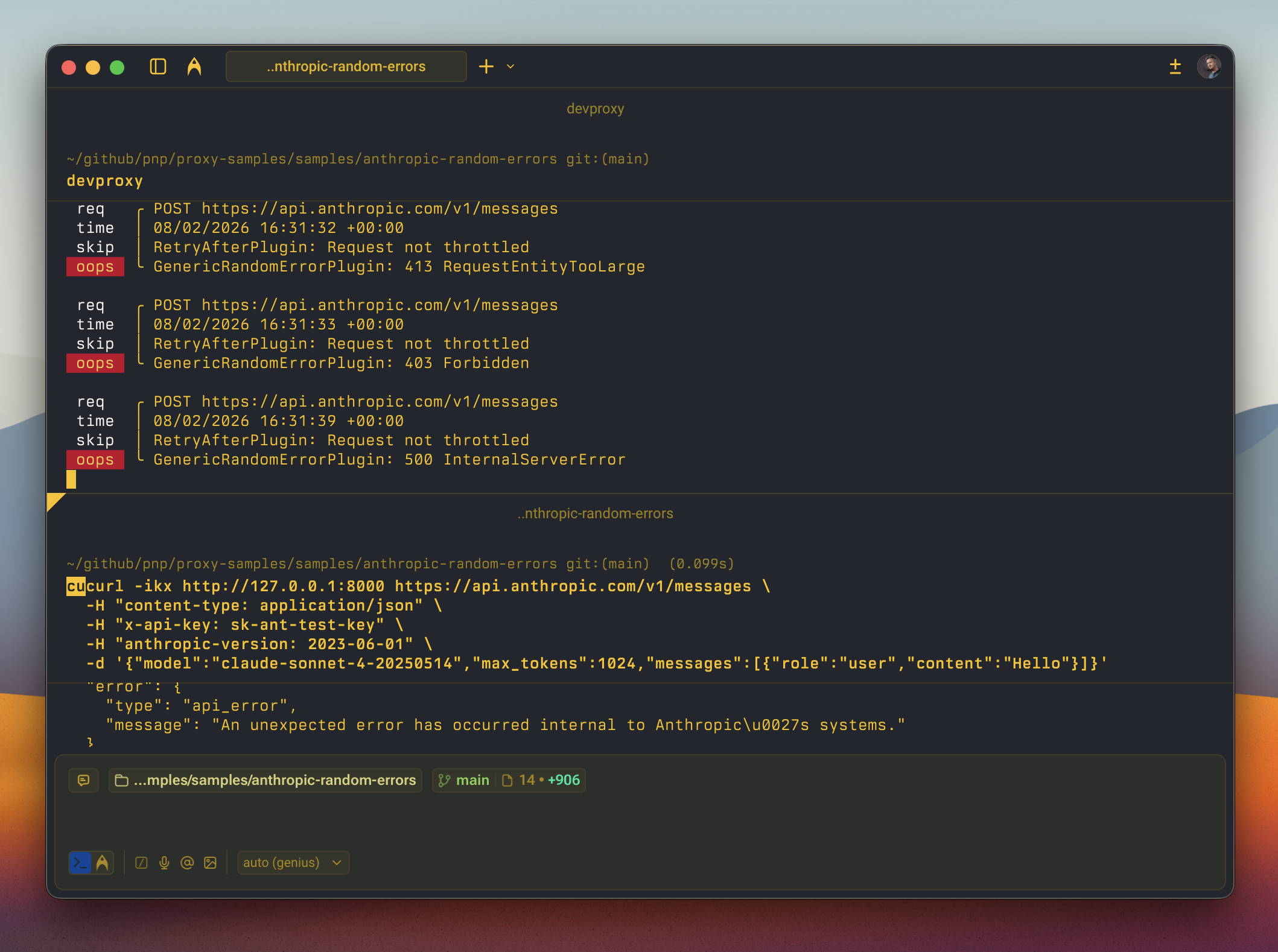Dev Proxy simulating random errors on the Anthropic Claude API