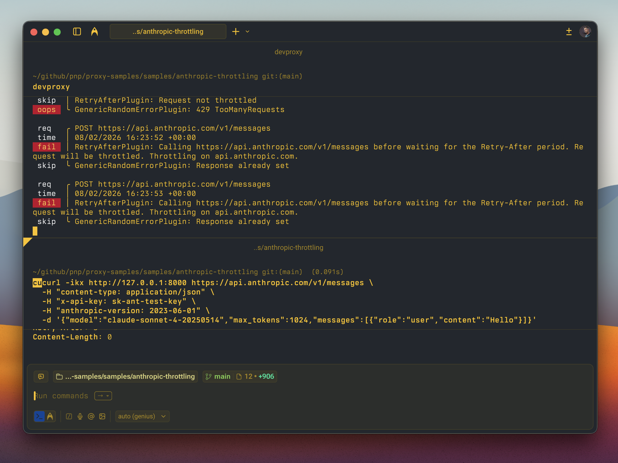 Dev Proxy simulating throttling of the Anthropic Claude API