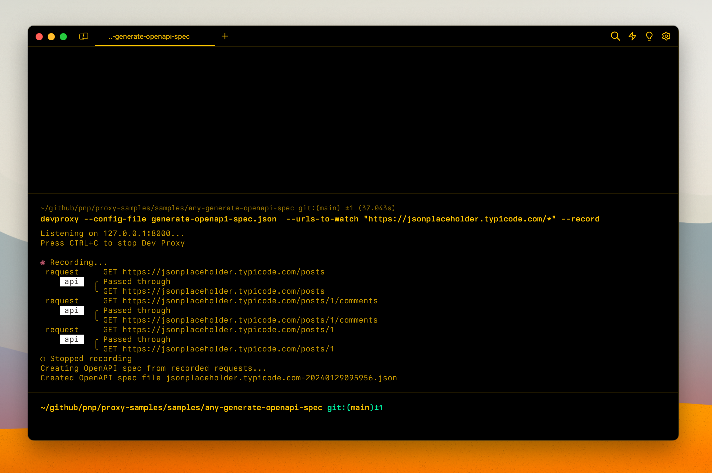 Dev Proxy generated an OpenAPI spec for a JSON placeholder API