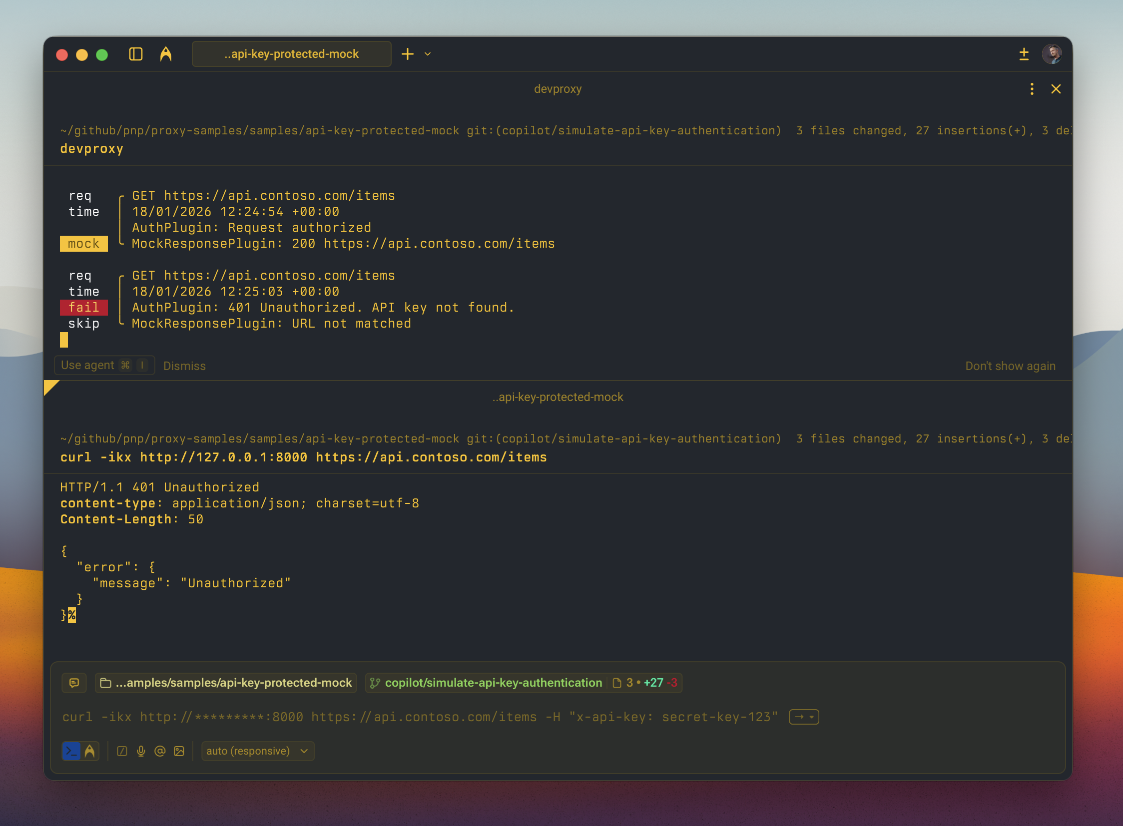 Dev Proxy simulating API key authentication