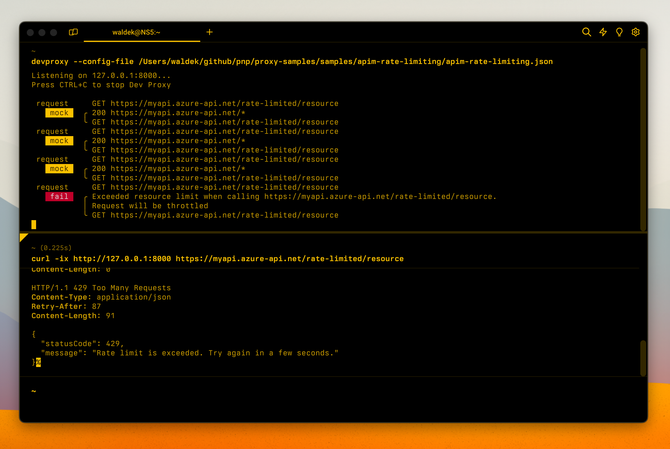Dev Proxy simulating rate limiting on an API published on Azure API Management