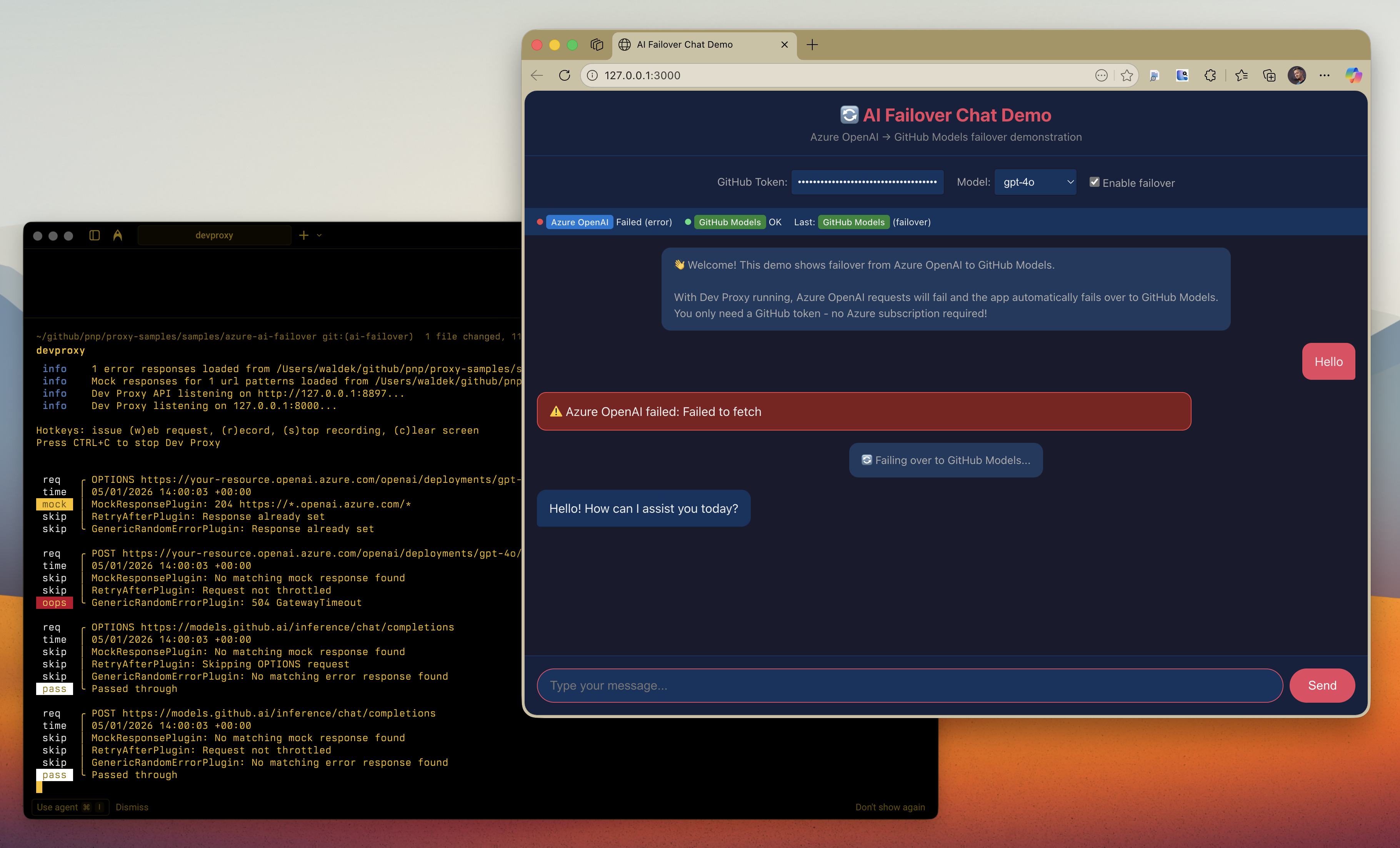 Dev Proxy simulating Azure OpenAI errors and failover to GitHub Models